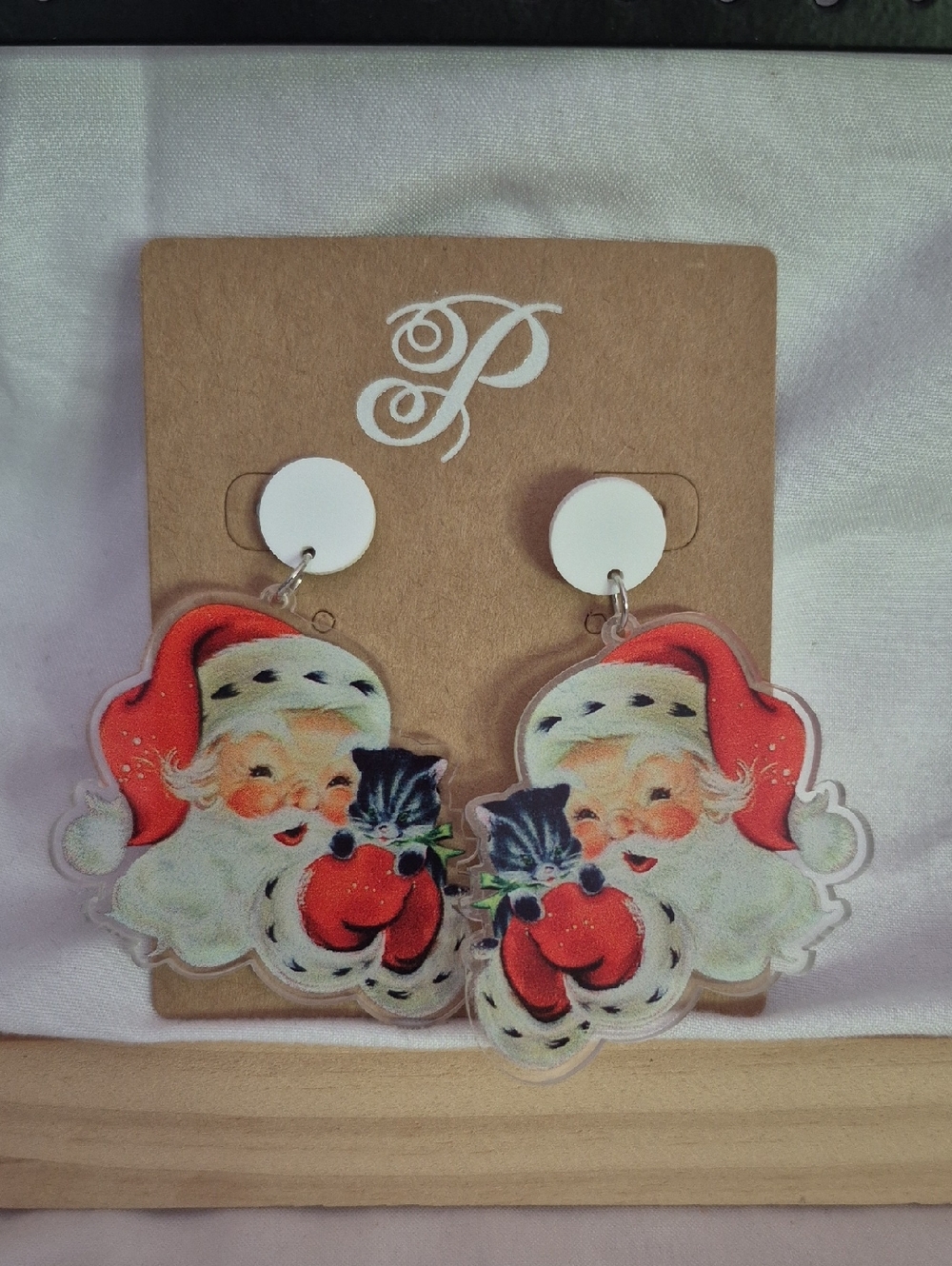 Festive Santa & Kitten Drop Earrings - White Red